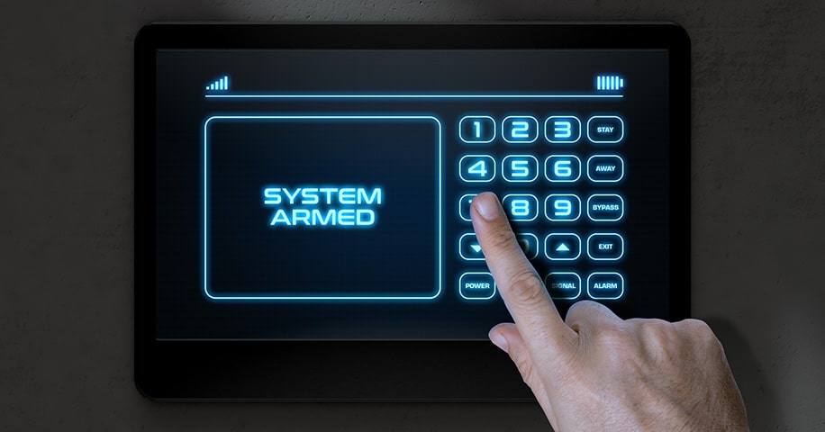A male hand pressing the screen of a home security control panel with words that read system armed - 3D render