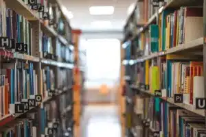 A local library aisle filled with books and fading off into the distance.