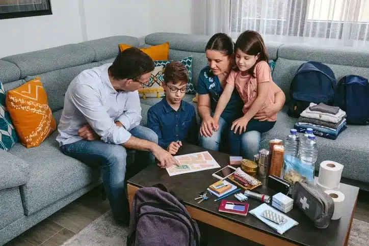 A family of four sitting in their living room talking their two children through the emergency plan with all the emergency items out on the coffee table in front of them.